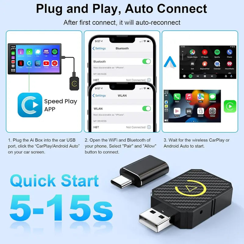 Adattatore CarPlay wireless, adatto solo al 98% delle auto con CarPlay dal 2016 in poi, piccolo adattatore CarPlay wireless USB (applicabile ad Apple CarPlay), passa da cablato a wireless