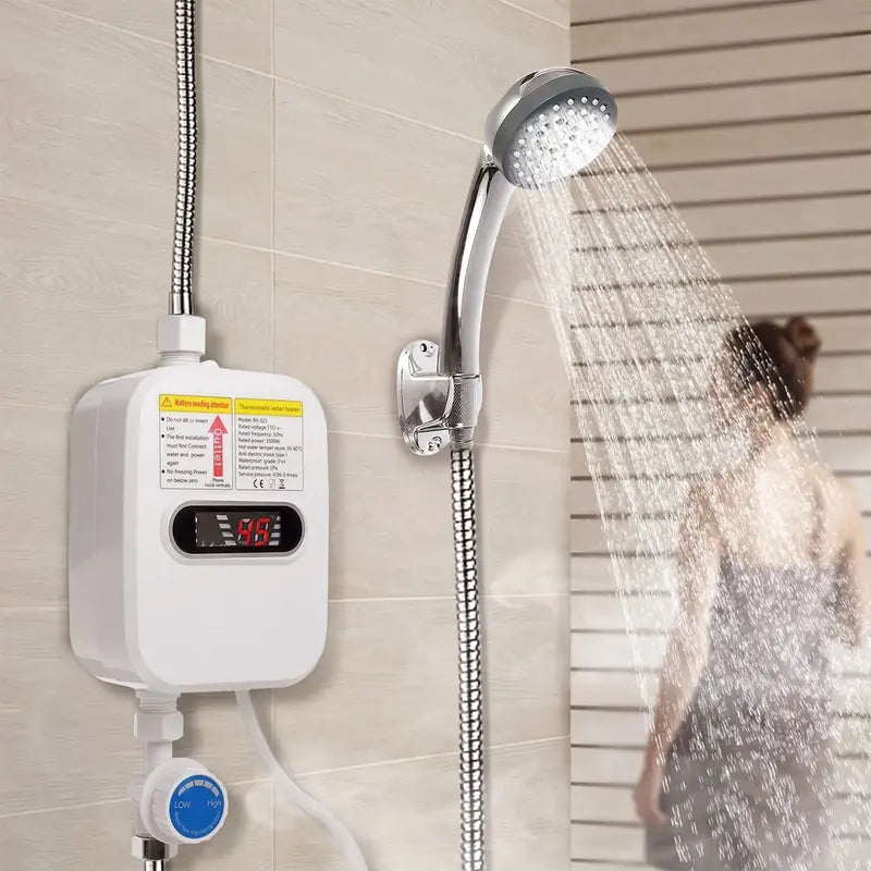 Scaldabagno elettrico istantaneo da 3500 W con doccetta e display LCD, per acqua calda immediata, facile da installare, ideale per bagni, cucine e camper. Elettrodomestico in acciaio inossidabile bianco.