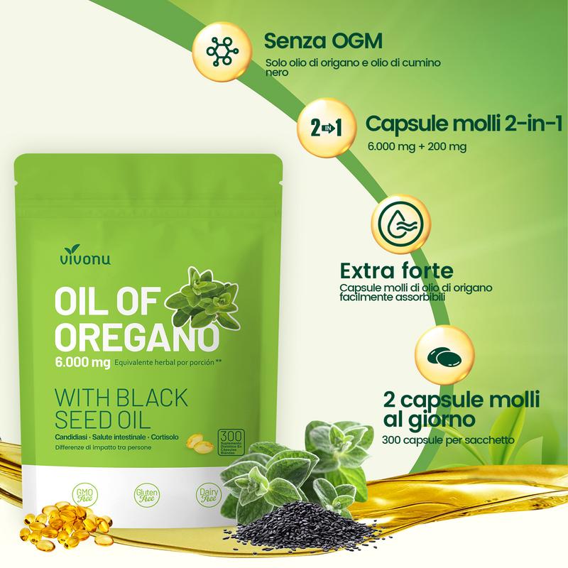 VivoNu Olio di origano 300 capsule con olio di semi neri | Antiossidanti naturali per il benessere fisico | Supporto nutrizionale | Integratore alimentare commestibile a base di sostanze vegetali altamente efficaci