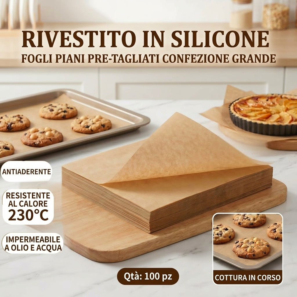 Foglio Carta Forno Antiaderente Rettangolare 100 Pz Resistenti (20 × 25 cm)