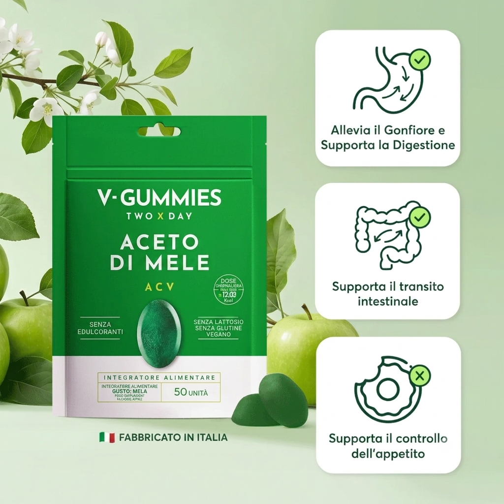 Elimina gonfiore, fame nervosa e guarisci il tuo intestino con le V-Gummies all'aceto di mele.