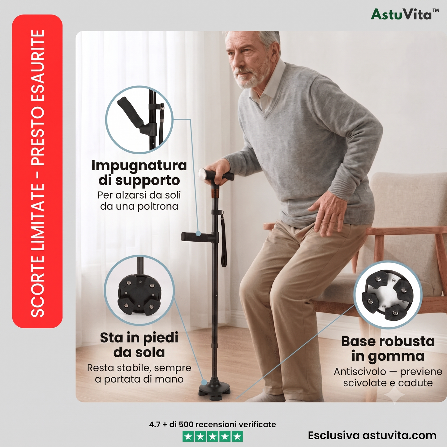 Il bastone che ti aiuta ad alzarti in piedi da solo e a camminare senza paura di cadere.