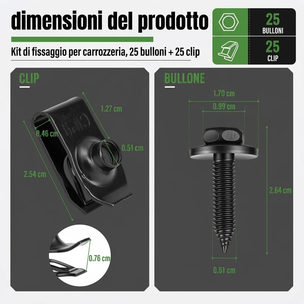 Kit Fissaggio Auto 50 Pezzi Bulloni e Clip Universali Neri