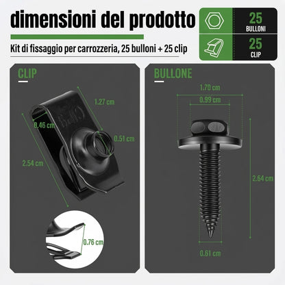 Kit Fissaggio Auto 50 Pezzi Bulloni e Clip Universali Neri
