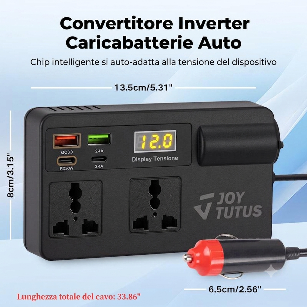 Convertitore 12-24V a 220V con USB QC3.0 e design compatto