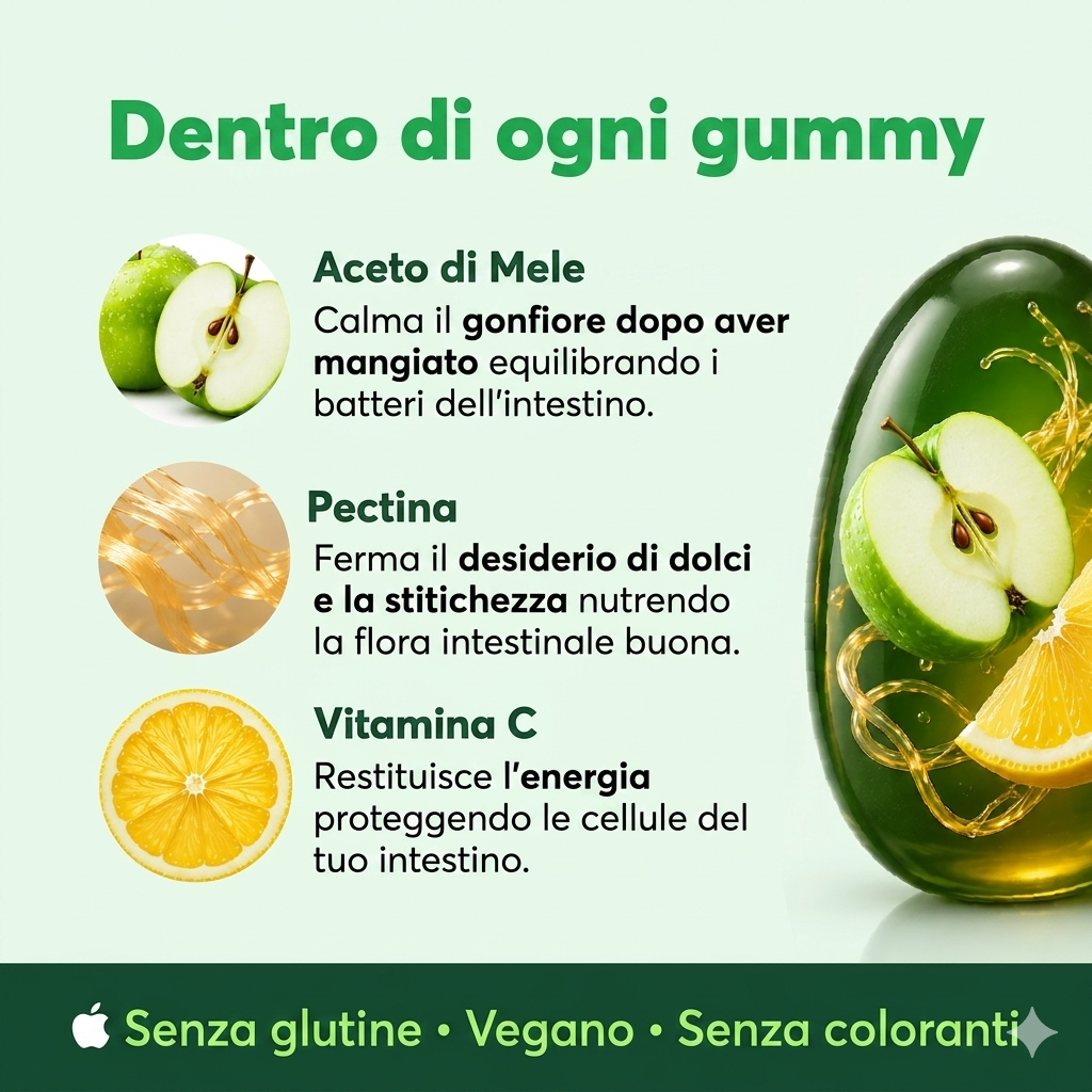 Elimina gonfiore, fame nervosa e guarisci il tuo intestino con le V-Gummies all'aceto di mele.