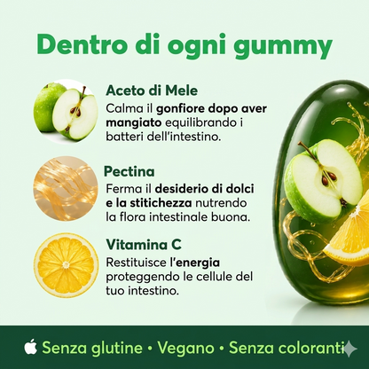 Elimina gonfiore, fame nervosa e guarisci il tuo intestino con le V-Gummies all'aceto di mele.