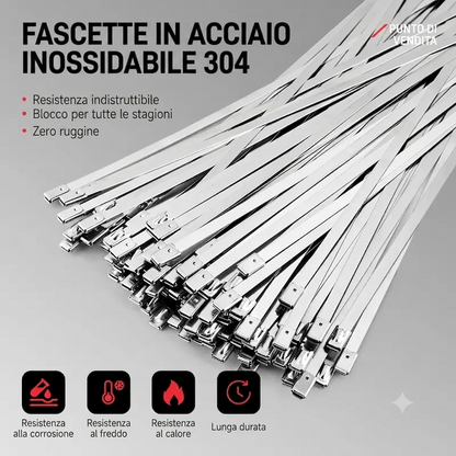 Kit di fascette stringicavo in acciaio inox con 100 fascette da 30 cm resistenti ai raggi UV.