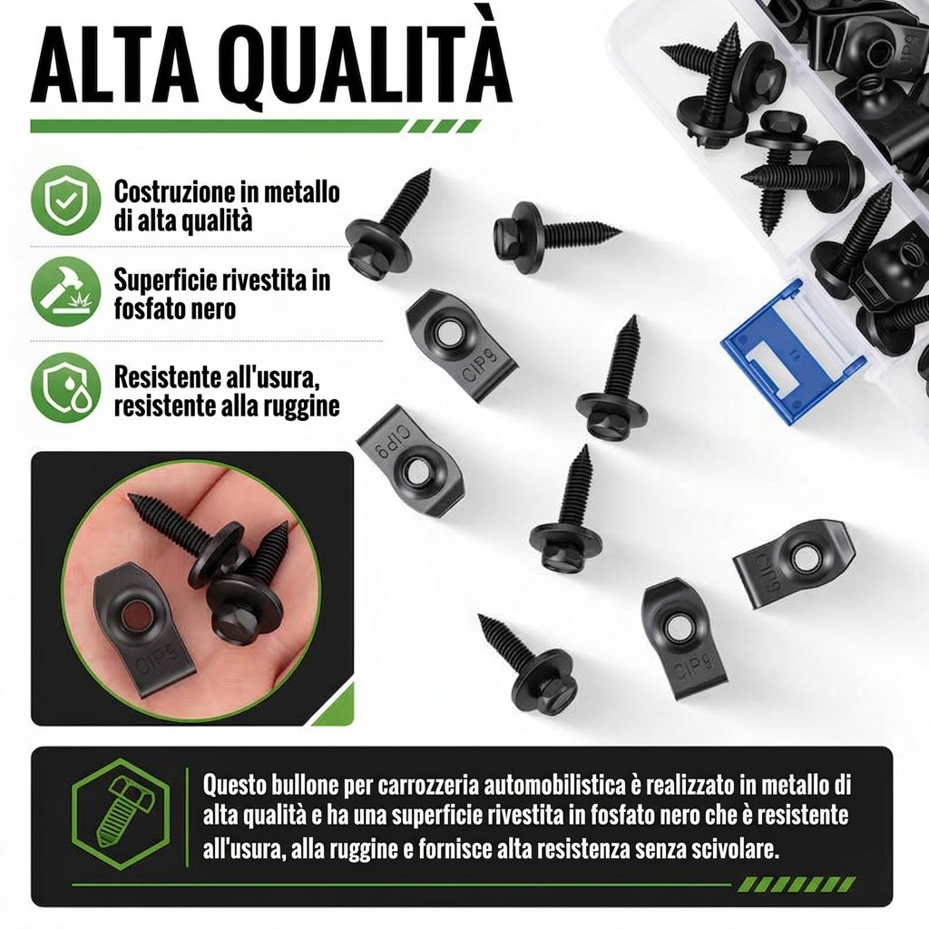 Kit Fissaggio Auto 50 Pezzi Bulloni e Clip Universali Neri