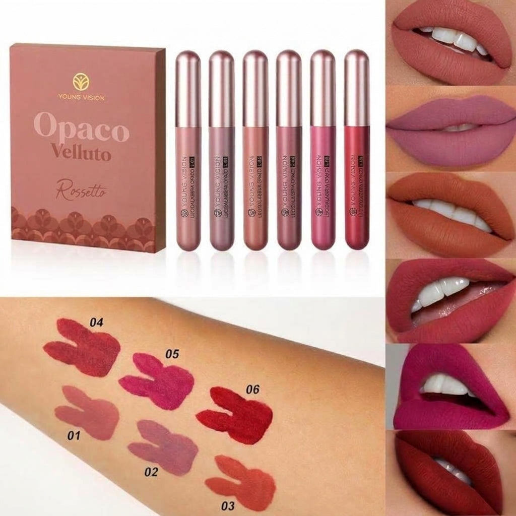 Confezione da 6 - Lunga Durata Lucidalabbra Liquido Effetto Velluto Satinato Kit