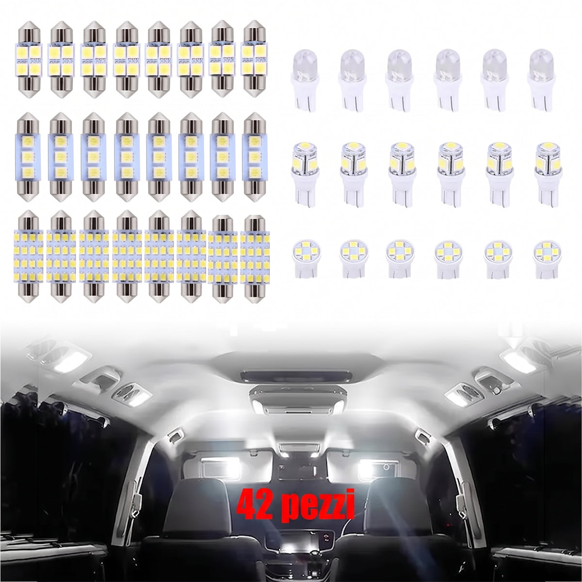 Confezione da 42 - Illuminazione Interna Auto Kit LED Alta Luminosità 12V