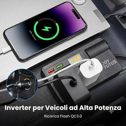 Convertitore 12-24V a 220V con USB QC3.0 e design compatto