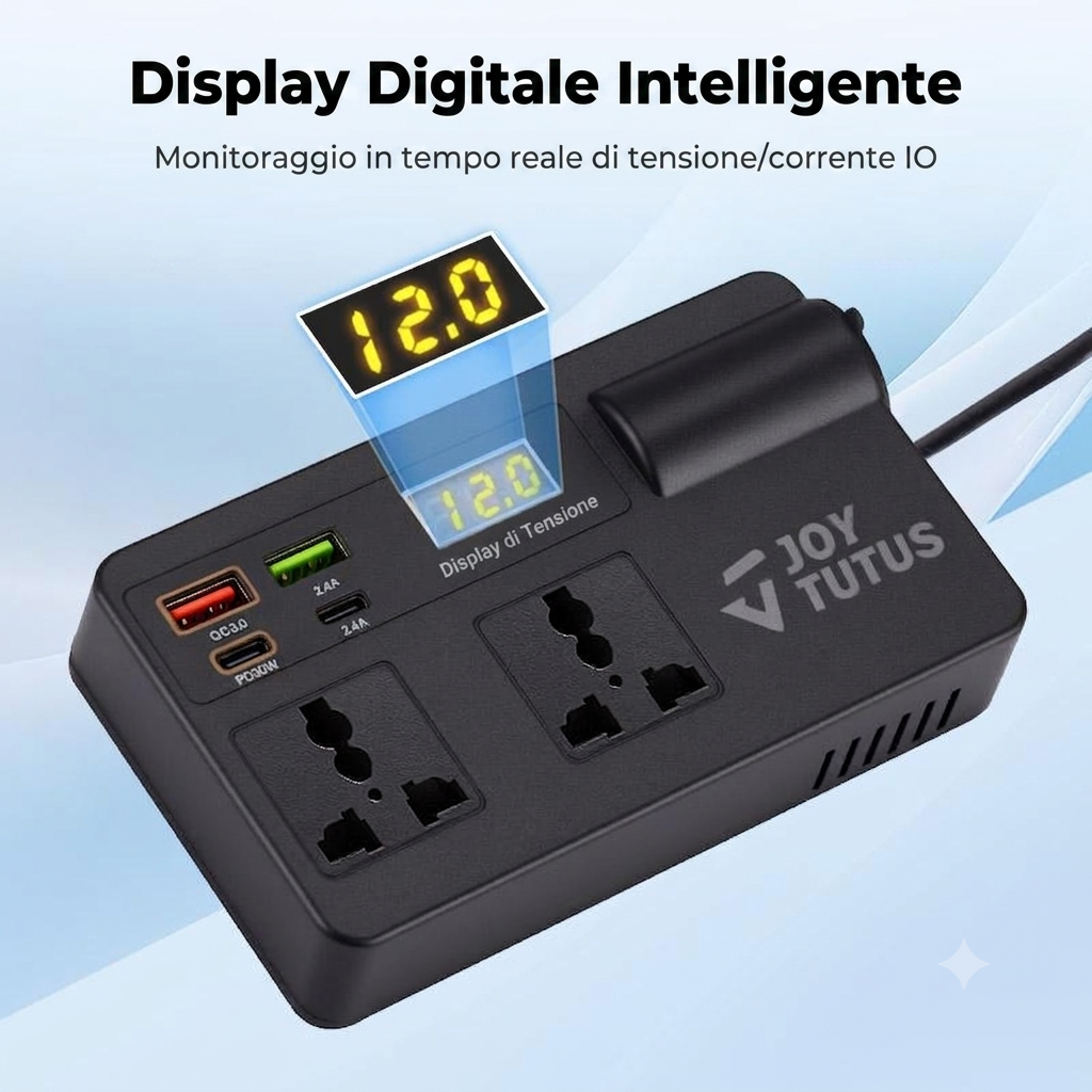 Convertitore 12-24V a 220V con USB QC3.0 e design compatto
