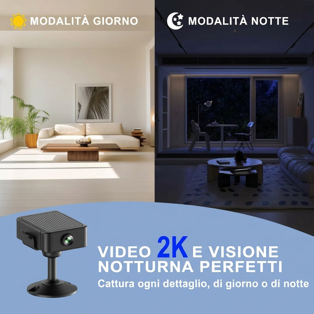 Sicurezza Casa Mini Telecamera WiFi 2K HD Visione Notturna