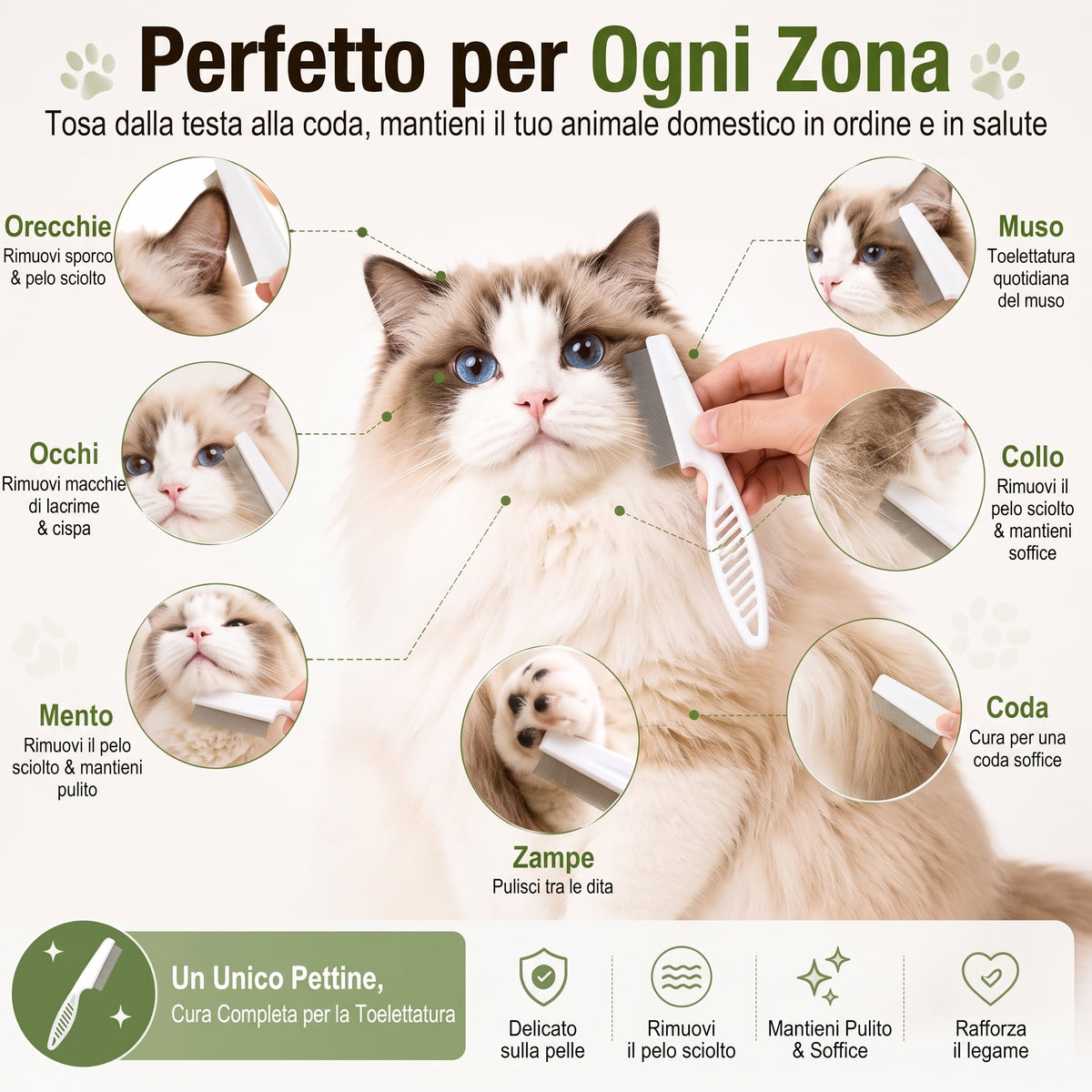 Rimozione Pelo Antipulci Pettine in Acciaio Inox per Animali