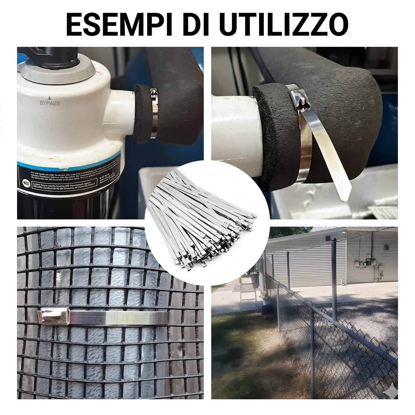 Kit di fascette stringicavo in acciaio inox con 100 fascette da 30 cm resistenti ai raggi UV.