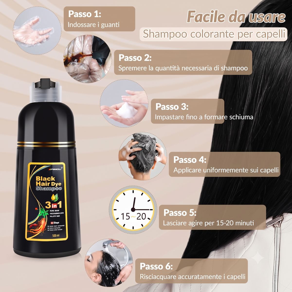 Copertura Capelli Grigi Shampoo Colorante con Estratto di Ginseng
