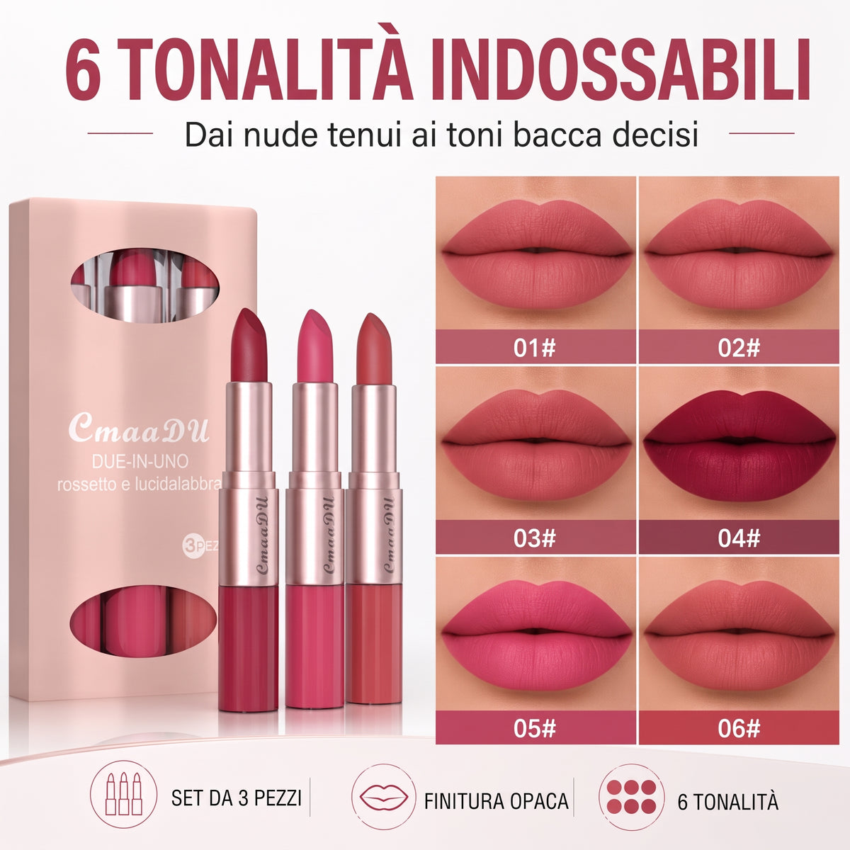 Set di 3 Rossetti Opachi Idratanti a Doppia Punta, a Lunga Durata