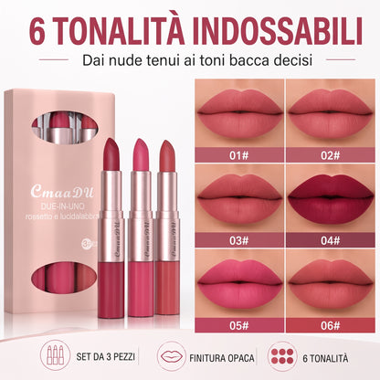 Set di 3 Rossetti Opachi Idratanti a Doppia Punta, a Lunga Durata