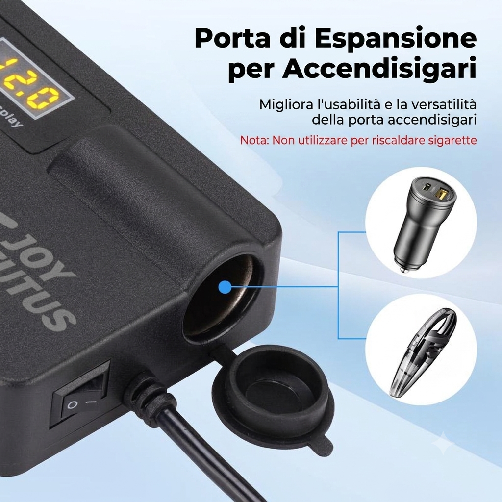 Convertitore 12-24V a 220V con USB QC3.0 e design compatto