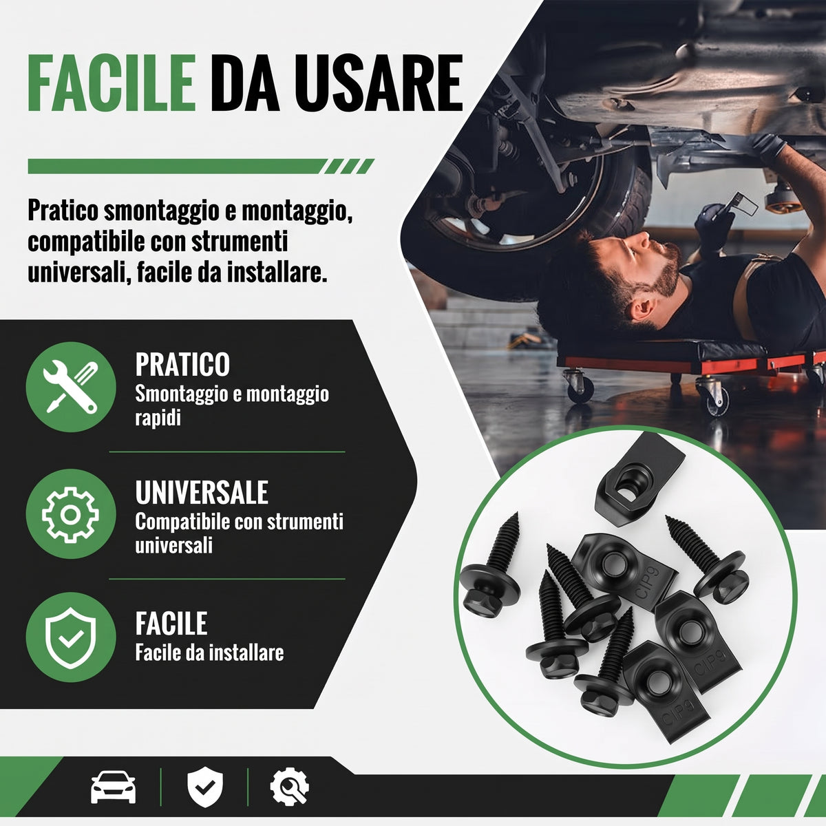 Kit Fissaggio Auto 50 Pezzi Bulloni e Clip Universali Neri