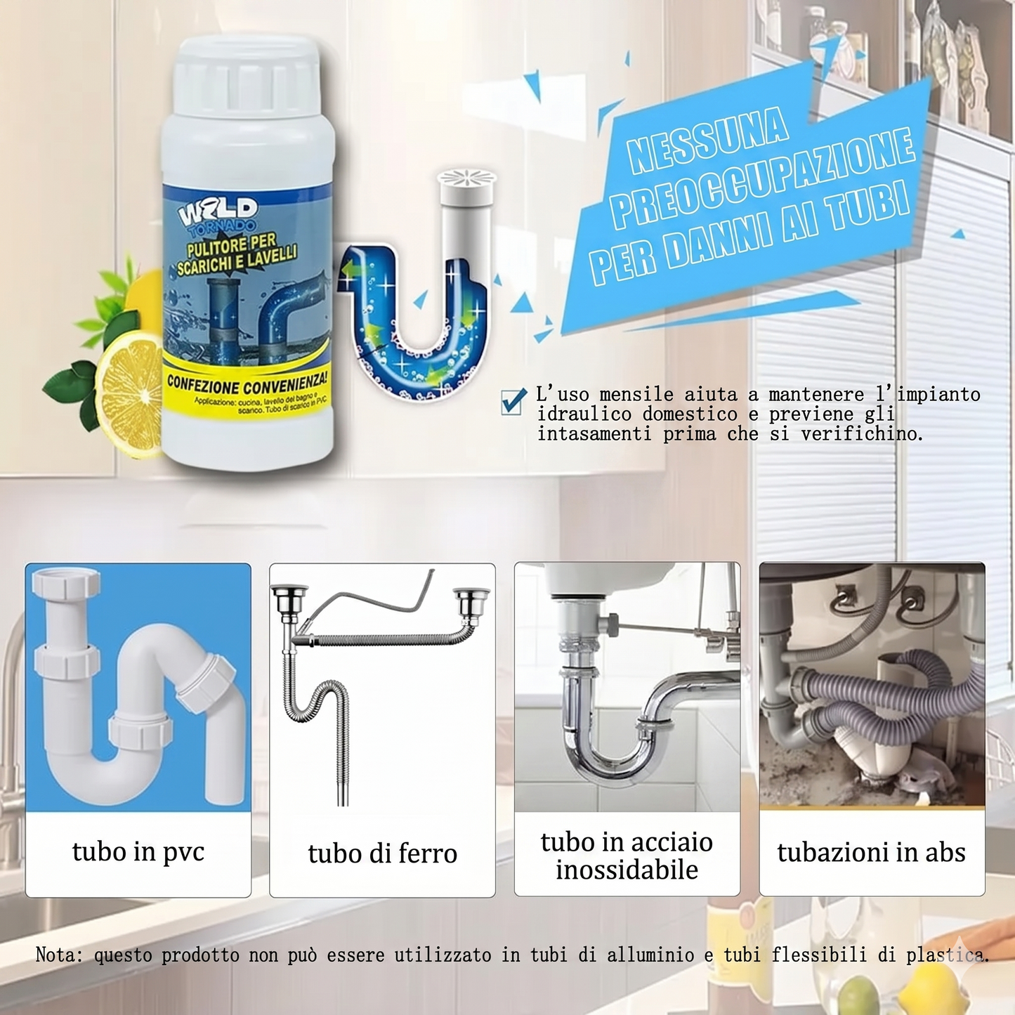(Confezione da 2) - Sbloccante Tubature per Cucina e Bagno con Azione Battericida