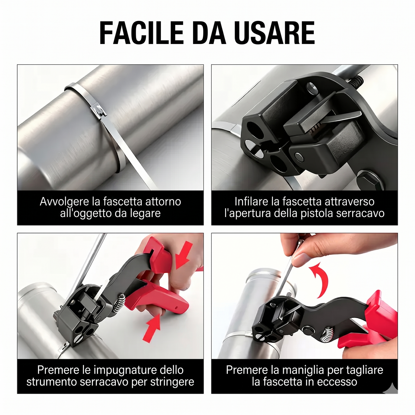 Kit di fascette stringicavo in acciaio inox con 100 fascette da 30 cm resistenti ai raggi UV.