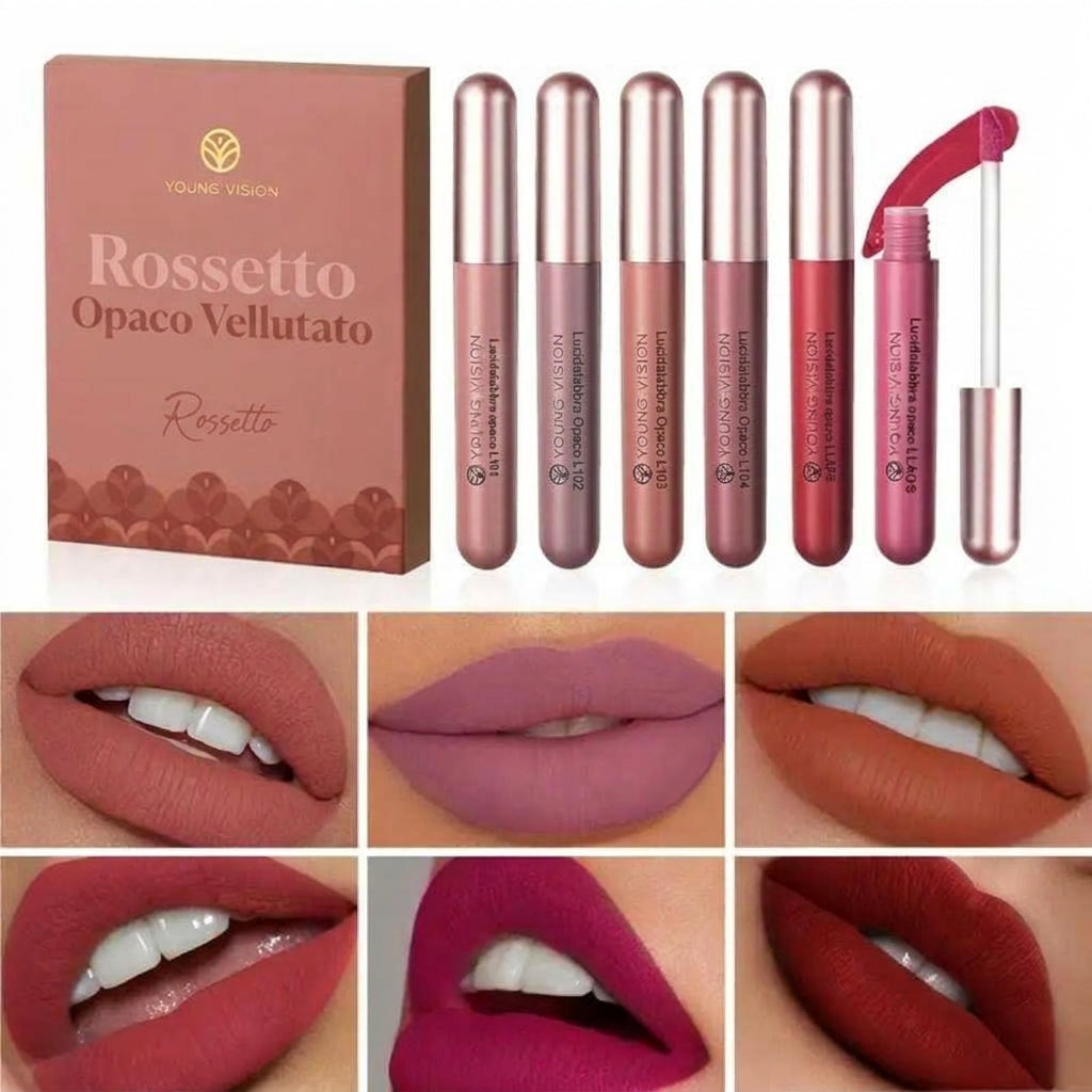 Confezione da 6 - Lunga Durata Lucidalabbra Liquido Effetto Velluto Satinato Kit
