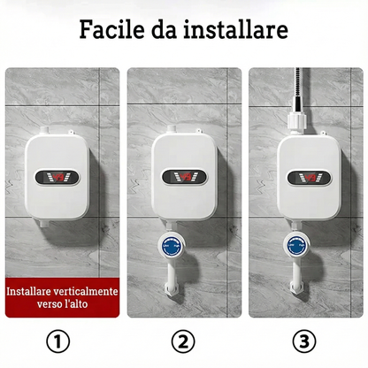 Scaldabagno elettrico istantaneo da 3500 W con doccetta e display LCD, per acqua calda immediata, facile da installare, ideale per bagni, cucine e camper. Elettrodomestico in acciaio inossidabile bianco.