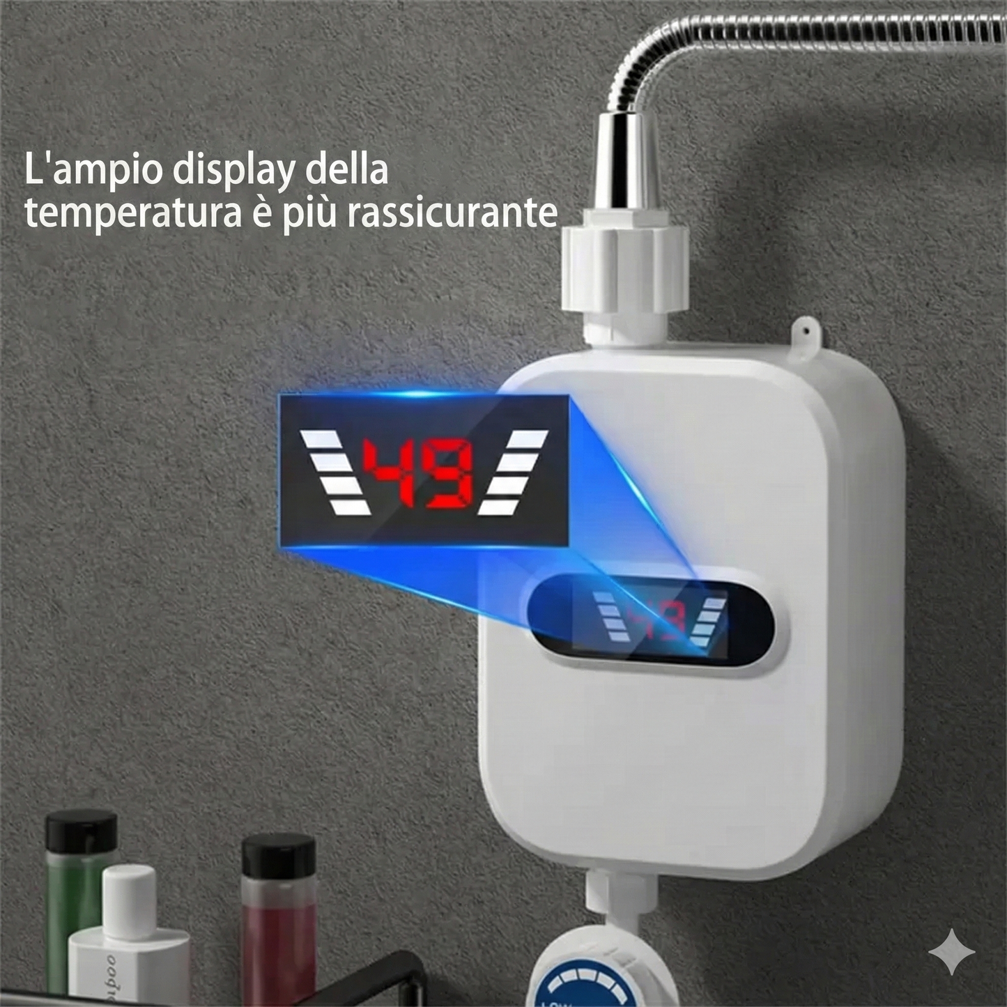 Scaldabagno elettrico istantaneo da 3500 W con doccetta e display LCD, per acqua calda immediata, facile da installare, ideale per bagni, cucine e camper. Elettrodomestico in acciaio inossidabile bianco.
