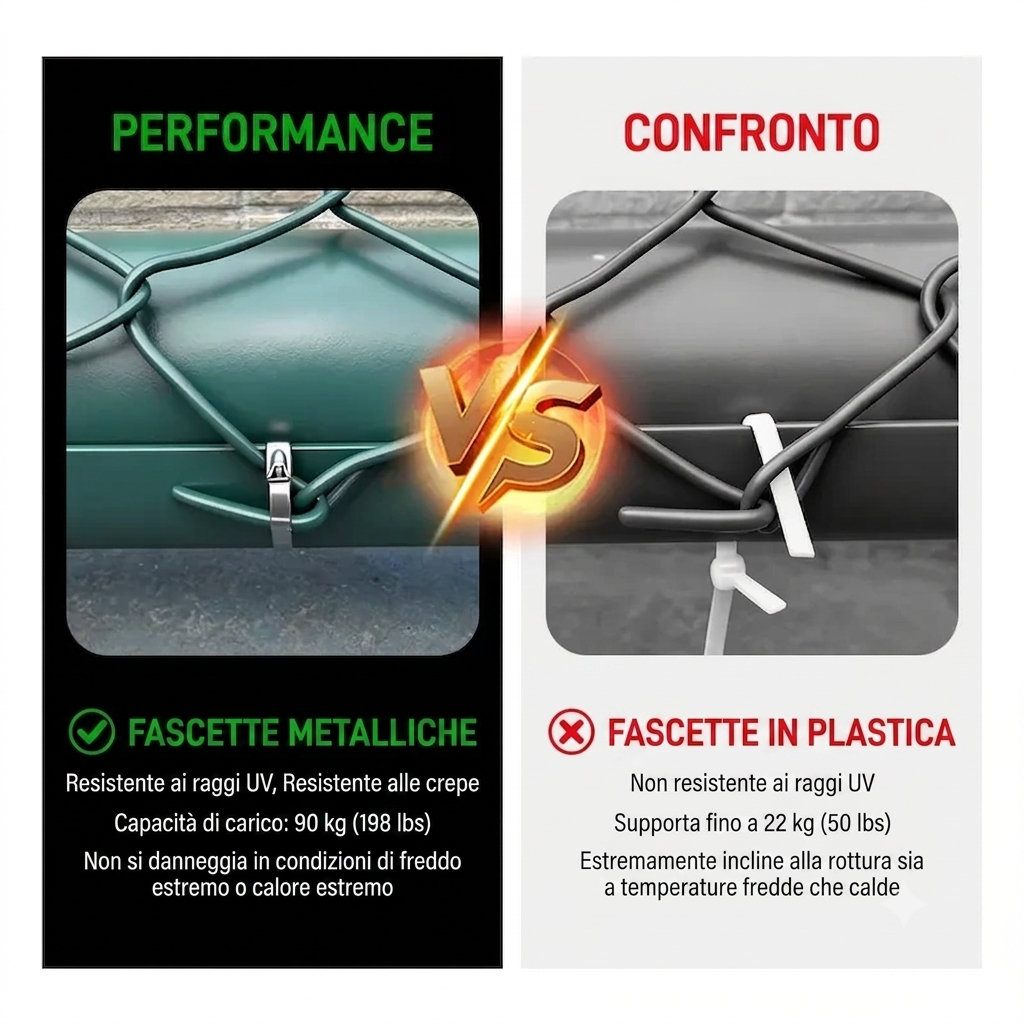 Kit di fascette stringicavo in acciaio inox con 100 fascette da 30 cm resistenti ai raggi UV.
