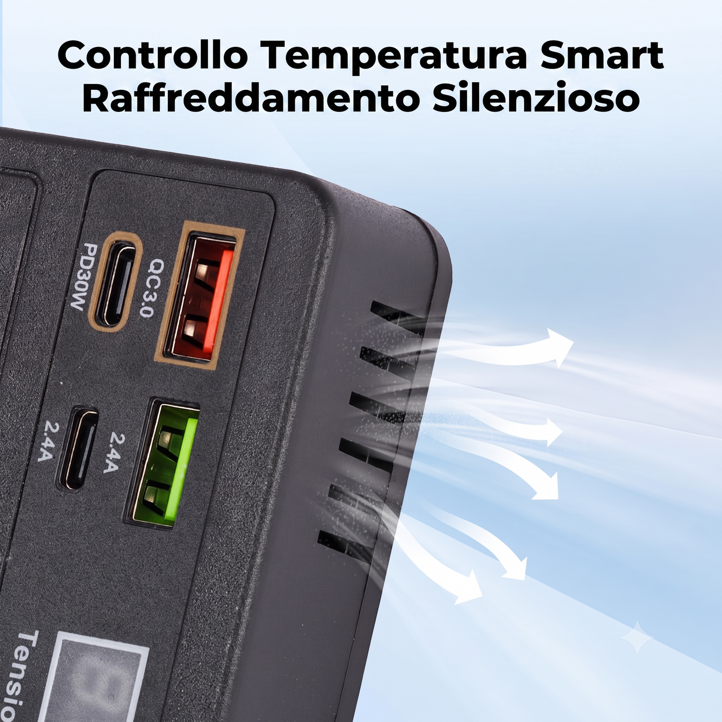 Convertitore 12-24V a 220V con USB QC3.0 e design compatto