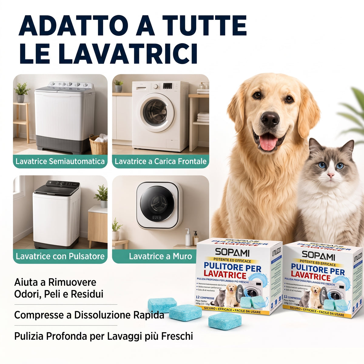 Confezione da 12 - Neutralizza Odori Pulitore Lavatrice Pet-Friendly 12 Compresse