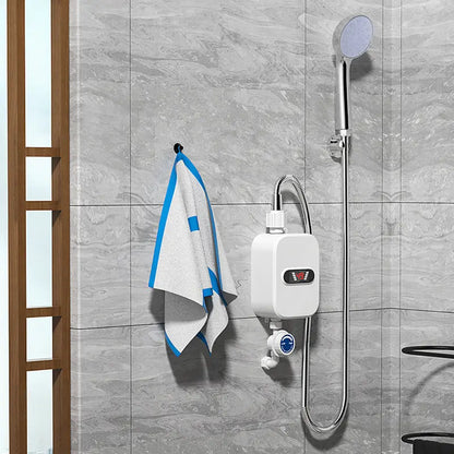Scaldabagno elettrico istantaneo da 3500 W con doccetta e display LCD, per acqua calda immediata, facile da installare, ideale per bagni, cucine e camper. Elettrodomestico in acciaio inossidabile bianco.