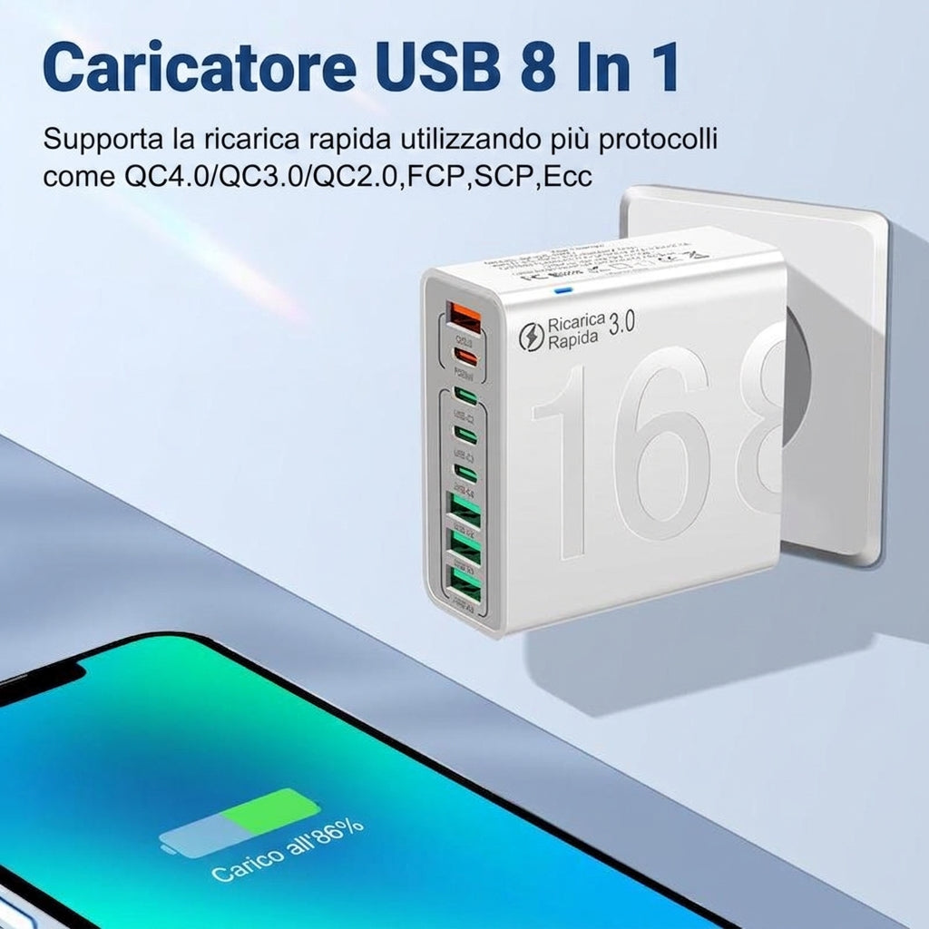 Ricarica Veloce Hub USB 8 Porte Multiporta USB-C e USB-A