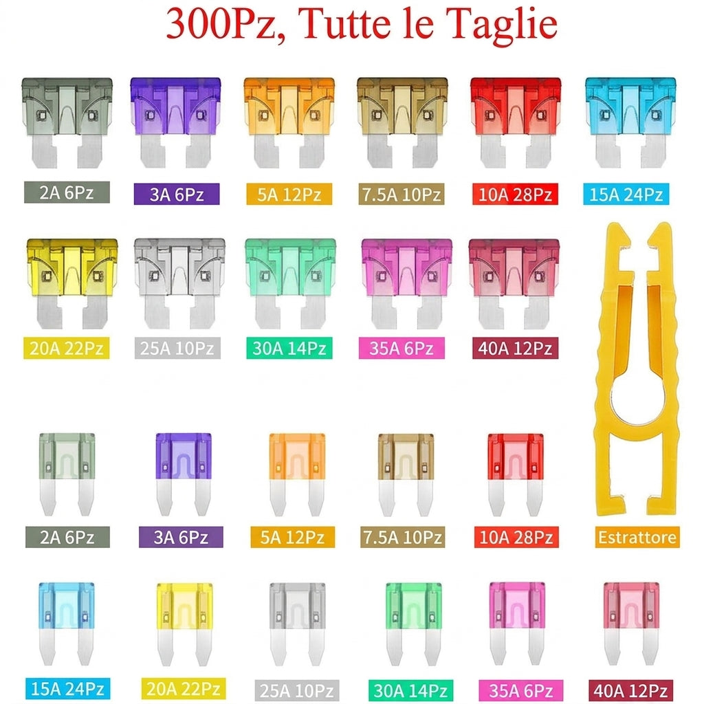 Confezione da 300 - Protezione Elettrica Kit Fusibili Auto Mini Lama con Estrattore
