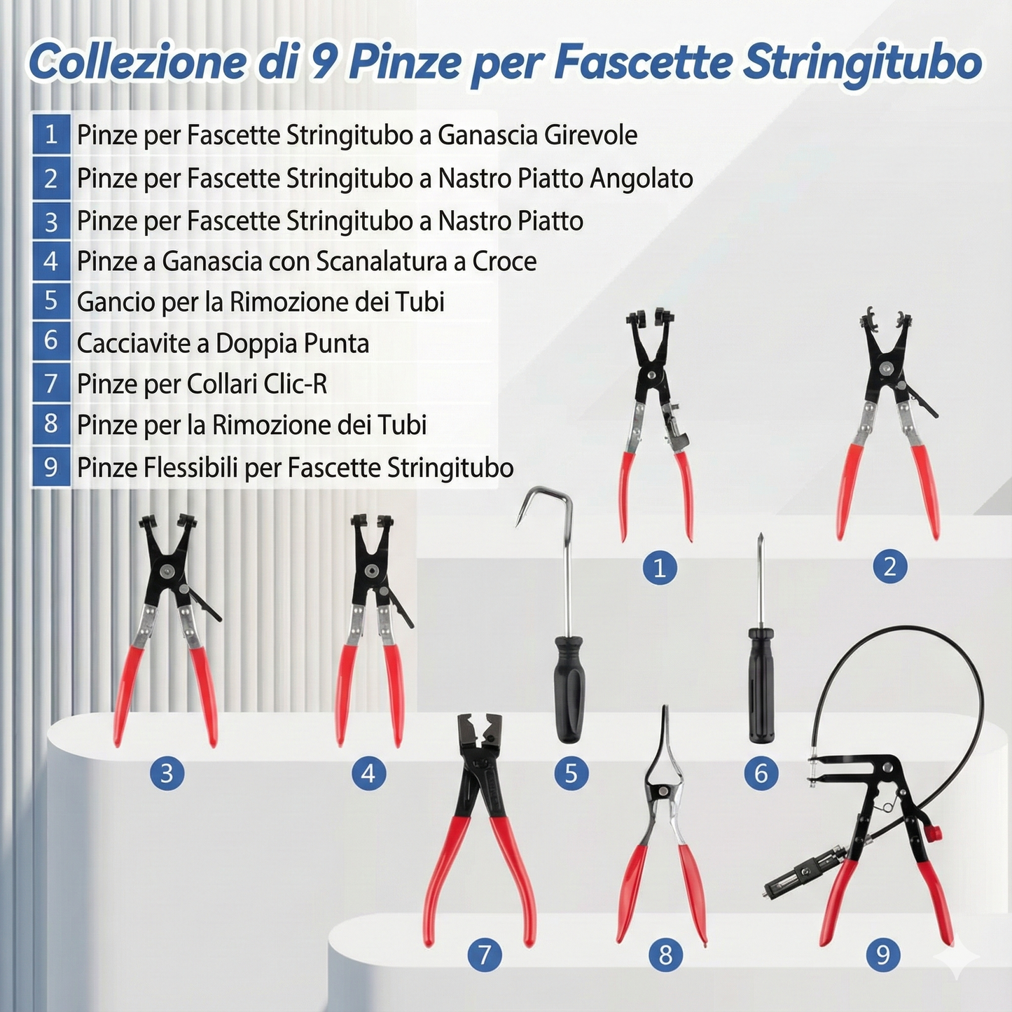 Set di pinze per fascette stringitubo - a braccio lungo (9 pezzi)