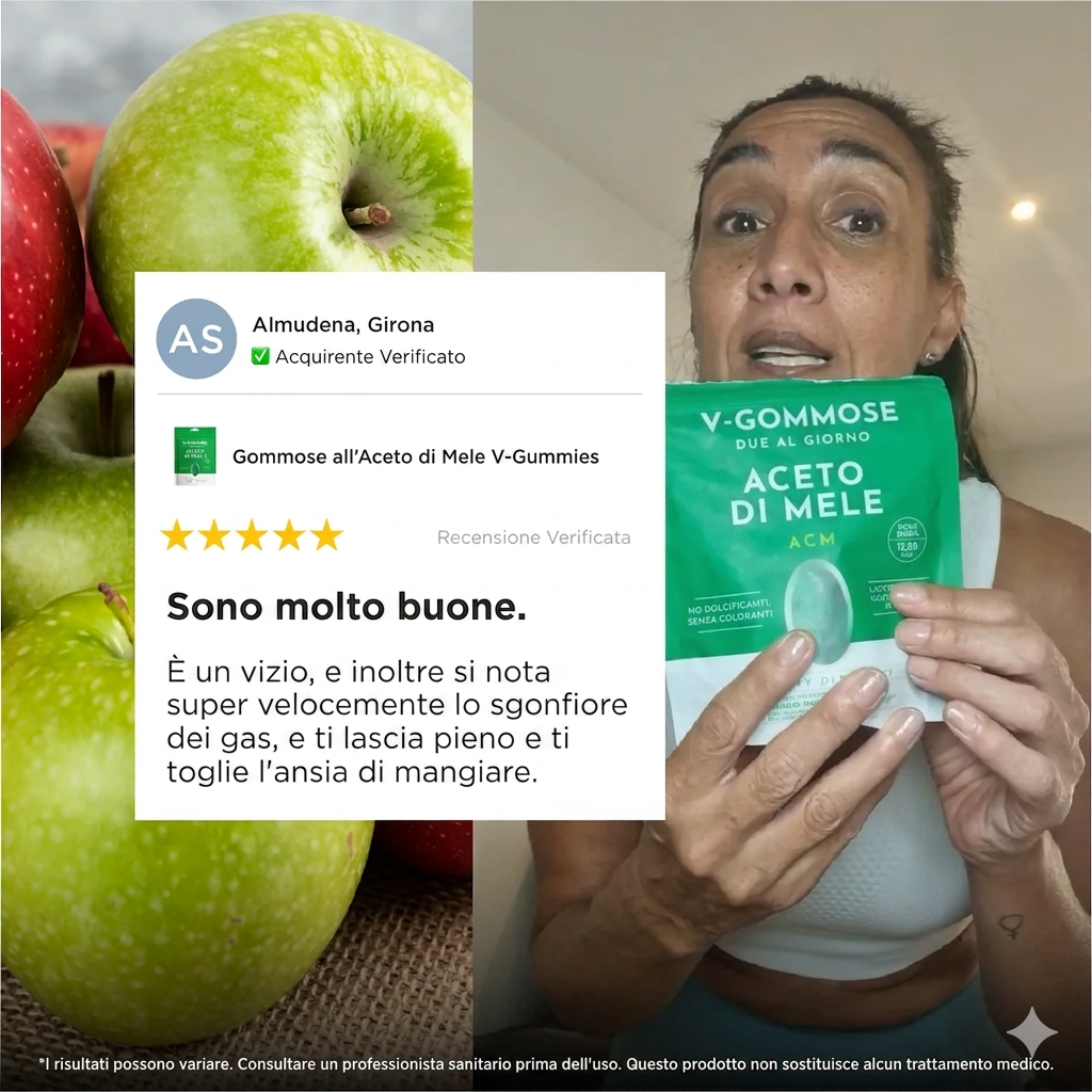 Elimina gonfiore, fame nervosa e guarisci il tuo intestino con le V-Gummies all'aceto di mele.