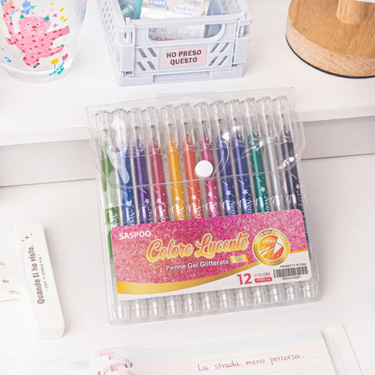 Confezione da 12 - Colori Brillanti Penna Gel Glitter Metallico Resistente all'Acqua
