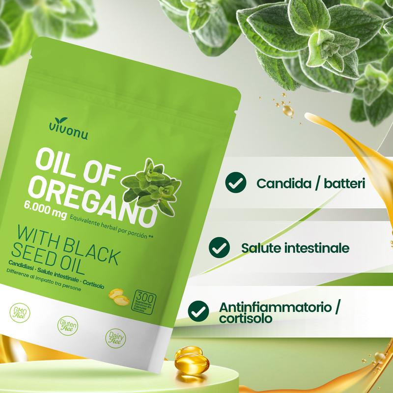 VivoNu Olio di origano 300 capsule con olio di semi neri | Antiossidanti naturali per il benessere fisico | Supporto nutrizionale | Integratore alimentare commestibile a base di sostanze vegetali altamente efficaci